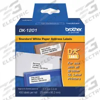 BROTHER Printer Label: 3 1/2 in Label Wd, 1 1/8 in Label Ht, White, 1 in Core Dia. (MPN DK1201). Key specifications — Brand: BROTHER; Label Color: White.