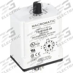 MACROMATIC Single Function Time Delay Relay: Socket Mounted, 24V AC/DC, 10 A, 11 Pins/Terminals (MPN TR-51628-08). Key specifications — Brand: MACROMATIC.