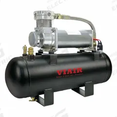 VIAIR CORPORATION Portable Air Compressor: Oil Free, 2 gal, Horizontal, 0.37 hp, 1.13 cfm @ 90 psi (MPN 20008). Key specifications — attr48686: Oil Free; attr48685: 12V DC; attr48689: 0.51 cfm @ 200 psi; attr48678: 23.0 A; attr48688: Safety Valve; attr48671: VIAIR CORPORATION; attr124308: Standard (75 dBA or more).