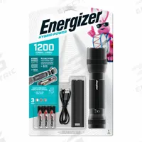 ENERGIZER Flashlight: Rechargeable, 1,200 lm, 4 hr Run Time at Max. Brightness, 200 m Max Beam (MPN ENYMHT61). Key specifications — Brand: ENERGIZER; Switch Location: Tail; Charger Style Included: USB Cord; Battery Requirements - Broad: Includes 6 AA.