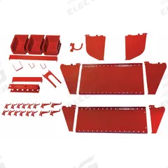 WALL CONTROL Toolboard Accessory Kit: 29 Hooks, 3 Bins, Red, Steel, Powder Coated (MPN 35-K-WRKRD). Key specifications — attr38274: Hanging; attr38271: Box End Wrenches; attr38283: Steel; attr38268: Powder Coated; attr4692: Slotted Toolboard C-Brackets, 2 in x 2 in; attr38264: WALL CONTROL; attr38265: Red.