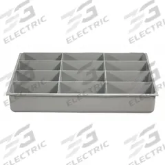 Compartment Drawer Insert: 13 3/8 in x 9 1/4 in x 2 in, 4 7/32 in x 2 3/16 in, 12 Compartments, Gray (MPN 229-95-12-IND). Key specifications — Color: Gray; Compartment HxWxD: (12) 4-7/32 in x 2-3/16 in; Removable Dividers: No; Compatible Manufacturer Model Number: 226-95; Brand: DURHAM MFG.