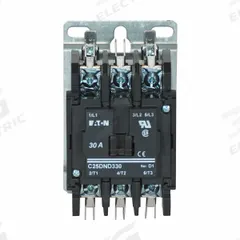 EATON Definite Purpose Magnetic Contactor: 3 Poles, 24V AC, 30 A, Non-Reversing (MPN C25DND330T). Key specifications — Brand: EATON; Coil Voltage: 24V AC; Contactor Style: HVACR Definite Purpose Contactor; Frame Size: D; Terminal Connection Type: Quick-Disconnect Terminals; Maximum Voltage Rating: 690V AC; Series: C25 Series; Phase: Three.