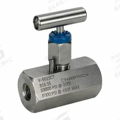 PARKER Needle Valve: Inline Valve Body, 316 Stainless Steel, 1/4 in Pipe Size, FNPT x FNPT, Female (MPN V-502SCT). Key specifications — Standards: ASTM A 105; Brand: PARKER; Connection Gender - Side 2: Female; Connection Gender - Side 1: Female; Connection Type - Side 1: NPT; Connection Type - Side 2: NPT; Connection Type: FNPT x FNPT.