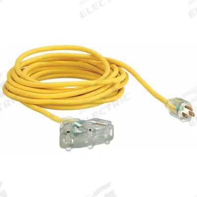 APPROVED VENDOR Extension Cord: Outdoor Use, 25 ft Lg, 3 Outlets, 5-15P, 14/3, SJTW, Yellow - Outdoor Extension Cords with Multiple Outlets