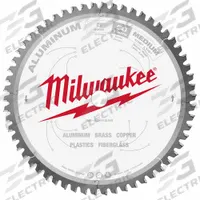 MILWAUKEE Circular Saw Blade: 8 in Blade Dia., 60 Teeth, 0.09 in Cut Wd, 5/8 in Arbor Size, Carbide (MPN 48-40-4345). Key specifications — attr1116119: MILWAUKEE; attr1145631: Aluminum.