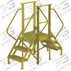 TRI-ARC Crossover Bridge: 2.5 ft Platform Ht, Steel, 1,000 lb Load Capacity, Perforated, 3 Steps (MPN 7CY89). Key specifications — Brand: TRI-ARC; Color: Yellow; Tread Type: Perforated.