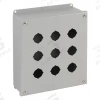 WIEGMANN Push Button Enclosure: 30mm, 9 Holes, Carbon Steel, NEMA 4 (MPN PB9). Key specifications — attr211299: WIEGMANN; attr1043605: Washdown-Corrosion-Resistant.