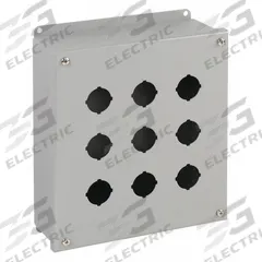 WIEGMANN Push Button Enclosure: 30mm, 9 Holes, Carbon Steel, NEMA 4 (MPN PB9). Key specifications — attr211299: WIEGMANN; attr1043605: Washdown-Corrosion-Resistant.