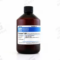 RPI Polyoxyethylenesorbitan, monooleate (Tween 80): 500 mL Volume, BSE/TSE Free, Liquid, Plastic (MPN P20390-0.5). Key specifications — Form: Liquid; Special Information: BSE/TSE Free; Brand: RPI; Chemical Grade: Lab; Container Material: Plastic.