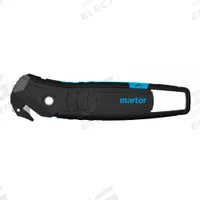 MARTOR Hook-Style Safety Cutter: 6 1/16 in Overall Lg, Straight Handle, Textured, Steel, Black/Blue (MPN 350001.02). Key specifications — attr307620: Black/Blue; attr307617: Straight; attr307618: Textured; attr307619: Steel; attr307627: Includes Tape Splitter; attr307634: Plain; attr324885: MARTOR.