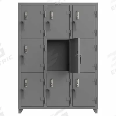 STRONG HOLD Locker: 54 in x 18 in x 75 in, 3 Tiers, 3 Units Wide, 9 Lockers, 18 in x 24 in - Wiring-Ready Full-Height Metal Mobile-Device Lockers