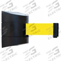 TENSABARRIER Retractable Belt Barrier: Fixed Mounting Plate, 15 ft Belt Lg, Pattern, Yellow (MPN 897-15-S-33-NO-Y5X-C). Key specifications — Frame Color: Black; Brand: TENSABARRIER; Belt Color: Yellow.