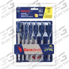 BOSCH Spade Drill Bit Set: 6 in Overall Lg, Bright (Uncoated), 1/4 in Shank Hex Size, 6 Drill Bits (MPN DSB5005). Key specifications — attr277223: BOSCH; attr255674: Bright (Uncoated); attr255683: Carbon Steel.
