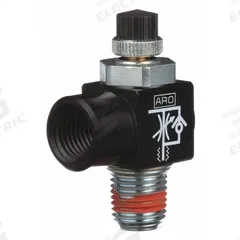 ARO Cylinder Port Flow Control Valve: Elbow Fitting, Knurled, 2/3 in Valve Body Size, 1/4 in NPT (MPN 119308-250). Key specifications — attr947203: Stainless Steel; attr947205: ARO.