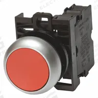 EATON Illuminated Push Button: Illuminated, Flush Profile, Non-Metallic, 22 mm, 1NC (MPN M22-DL-R-K01-R). Key specifications — Brand: EATON; Action: Momentary; Series: M22; Push Button Material Type: Non-Metallic.