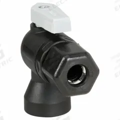 PARKER Manual Two-Way Ball Valve: 3/8 in, Polypropylene, Angle, Sweat x FNPT, Full Port Ball Port (MPN FTPPB6VFE6). Key specifications — Brand: PARKER; Handle: Lever.