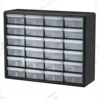 AKRO-MILS Drawer Bin Cabinet: 20 in x 6 1/2 in x 15 3/4 in, 24 Drawers, Stackable, Polystyrene (MPN 10124). Key specifications — attr66719: Polystyrene; attr66728: Yes; attr66722: Clear; attr66720: Drawer; attr66726: 6" x 4-9/16" x 2-3/16"; attr66716: Black; attr66753: Plastic; attr66710: AKRO-MILS.