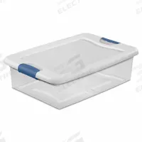 STERILITE Storage Tote: 8 gal, 23 3/4 in x 16 in x 6 7/8 in, Clear Body, White Lid, Less than 10 gal (MPN 14968006). Key specifications — attr1188666: Plastic; attr1188675: Clear; attr1188676: White; attr1188687: STERILITE.