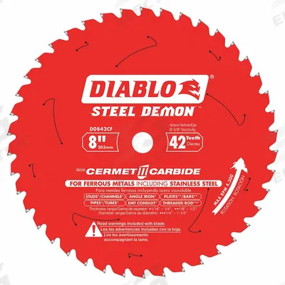 DIABLO Circular Saw Blade: 8 in Blade Dia., 42 Teeth, 0.08 in Cut Wd, 5/8 in Arbor Size - Stainless Steel-Cutting Blades