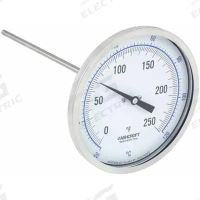 ASHCROFT Dial Thermometer: 0°F to 250°F /-20°C to 120°C, ±1% Accuracy, 9 in Stem Lg - Back-Mount Fixed-Angle Thread-Mount Dial Thermometers