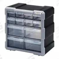 QUANTUM STORAGE SYSTEMS Drawer Bin Cabinet: 10 1/2 in x 6 1/4 in x 10 1/4 in, 12 Drawers, Stackable (MPN PDC-12BK). Key specifications — attr66719: Plastic; attr66728: No; attr66758: Heavy Duty; attr66722: Clear; attr66720: Drawer; attr66726: (8) 5-1/2 in x 2 in x 1-1/4 in; attr66716: Black; attr66753: Polypropylene.