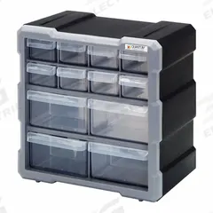 QUANTUM STORAGE SYSTEMS Drawer Bin Cabinet: 10 1/2 in x 6 1/4 in x 10 1/4 in, 12 Drawers, Stackable (MPN PDC-12BK). Key specifications — attr66719: Plastic; attr66728: No; attr66758: Heavy Duty; attr66722: Clear; attr66720: Drawer; attr66726: (8) 5-1/2 in x 2 in x 1-1/4 in; attr66716: Black; attr66753: Polypropylene.