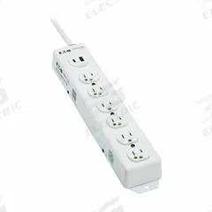 TRIPP LITE Outlet Strip: 6 Outlets, 1 1/2 ft Cord Lg, 15 A Current, UL 1363, White, 5-15P, 5-15R (MPN PS-602-HGUSB). Key specifications — Brand: TRIPP LITE; Mounting Style: Keyhole.