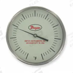DWYER Glow-in-the-Dark Dial Thermometer: 50°F to 400°F, +/- 1% Accuracy, 5 in Dial Dia, Male (MPN GBTB525121). Key specifications — Accuracy: +/- 1%; Brand: DWYER.