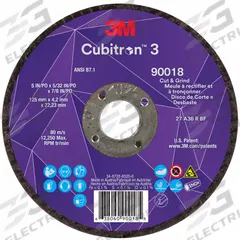 3M CUBITRON 3 Cut-Off and Grinding Wheel: Type 27, 5" x 5/32" x 7/8", Ceramic, 36 Grit (MPN 90018). Key specifications — Brand: 3M CUBITRON 3.