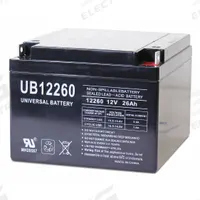 APPROVED VENDOR Sealed Lead Acid Battery: 12V DC, 26 Ah Capacity, 5.04 in Ht, 6.89 in Wd, 6.57 in Dp (MPN D5747). Key specifications — Terminal Connection: Tab with 0.217 in Bolt Hole; Battery Cycle Type: Deep Cycle; Brand: APPROVED VENDOR; Housing Material: ABS.