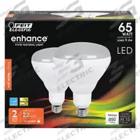 FEIT ELECTRIC Compact LED Bulb: LED, BR40, Medium Screw (E26), 9.4 W Watt, 2700K, Frosted, 120V AC (MPN BR40DM/927CA/2). Key specifications — Bulb Finish: Frosted; Color Temperature: 2700K; Shatter-Resistant: No; Brand: FEIT ELECTRIC; Voltage: 120V AC; Bulb Shape: BR40.