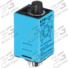 EATON Multi-Function Time Delay Relay: Panel Door Mounted, 100 to 240V AC, 10 A, 8 Pins/Terminals (MPN TRNP240AC). Key specifications — Delay Function: Power Triggered; Mounting Style: Panel Door; Input Voltage: 100 to 240V DC; Brand: EATON.