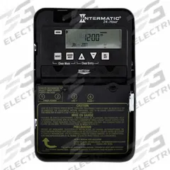 INTERMATIC Electronic Timer: 24 hr, Not Astronomic, 120-277V AC, SPST, Digital (MPN ET1105C). Key specifications — Body Material: Metal; Indoor/Outdoor Usage: Indoor; Astronomic Functionality: Not Astronomic; Mounting Style: Surface; Brand: INTERMATIC.