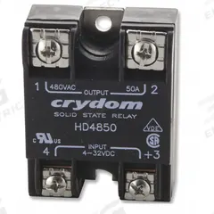 CRYDOM Solid State Relay: Surface Mounted, 50 A Max Output Current, SCR, AC Output (MPN HD4850). Key specifications — Brand: CRYDOM; Current Type: AC; Electrical Connection: Screw Clamp; Finger Safe: No; Input Current: 12 mA; Maximum Output Current without Heat Sink: 12 A; Mounting Style: Panel; Output Voltage: 48 to 530V AC.