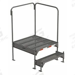 APPROVED VENDOR Work Platform: 1.8 ft Platform Ht - Max, 34.6 in x 39 in, Steel (MPN CW4-21-2-3). Key specifications — Folding: Not Foldable; Mobility: Stationary; Use Location: Indoor; Brand: APPROVED VENDOR; Color: Gray; Exit Direction: Right; Height Adjustability: Adjustable Height; Includes Handrails: Handrails Included.