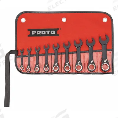 PROTO Combination Wrench Set: Alloy Steel, Black Chrome, 9 Tools, Offset, Reversing - SAE 12-Point Ratcheting Combination Wrench Sets