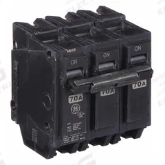 GE Miniature Circuit Breaker: THQL, 70 A, 120/240V AC, Three Phase, 10kA at 120/240V AC, Std (MPN THQL32070). Key specifications — Amps: 70 A; AC Voltage Rating: 120/240V AC; Phase: Three; Max. AIR Rating: 10kA at 120/240V AC; For Use With: Power Mark Gold Load Centers and AQ Lighting Panels.