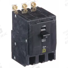 SQUARE D Miniature Circuit Breaker: 70 A, 120/240V AC, Three Phase, 22kA at 120/240V AC, 3 Poles (MPN QOB370VH). Key specifications — Phase: Three; Amps: 70 A; AC Voltage Rating: 120/240V AC; Max. AIR Rating: 22kA at 120/240V AC; For Use With: Square D NQOD Panelboards; Brand: SQUARE D.