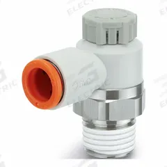 SMC Speed Control Valve: Elbow Fitting, Knob, 1/4 in/1/8 in Valve Body Size, 1/4 in Tube, Meter Out (MPN AS2201F-N02-07SA). Key specifications — attr947203: Brass/PBT; attr947205: SMC.
