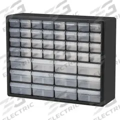 AKRO-MILS Drawer Bin Cabinet: 20 in x 6 1/2 in x 15 3/4 in, 44 Drawers, Stackable, Polystyrene (MPN 10144). Key specifications — attr66719: Polystyrene; attr66728: Yes; attr66722: Clear; attr66720: Drawer; attr66726: (12) 2 in x 6 in x 4-1/2 in; attr66716: Black; attr66753: Plastic; attr66710: AKRO-MILS.