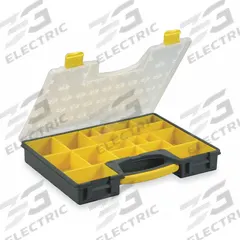 WESTWARD Compartment Box: 13 1/4 in x 16 1/2 in x 2 1/2 in, Black/Yellow, 19 Compartments (MPN 2HFT1). Key specifications — ESD Conductive: Not Electrostatic Discharge Conductive; Color: Black/Yellow; Brand: WESTWARD; Material: Plastic.