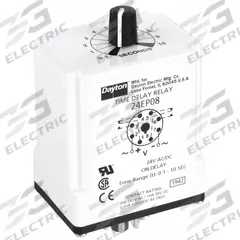 DAYTON Single Function Time Delay Relay: Socket Mounted, 24V AC/DC, 10 A, 8 Pins/Terminals, On Delay (MPN 24EP08). Key specifications — Brand: DAYTON.