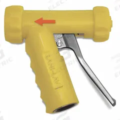 SANI-LAV Spray Nozzle: 3/4 in Connection Size, GHT, Brass/Stainless Steel, 5 1/4 in Overall Lg (MPN N1AY). Key specifications — Nozzle Color: Yellow; Material: Stainless Steel; Nozzle Shutoff Type: Handle Controls; Brand: SANI-LAV.