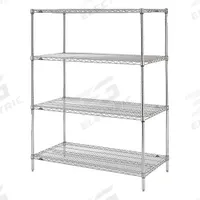 METRO Wire Shelving Unit: Starter, 48 in x 18 in, 54 in Overall Ht, 4 Shelves, Split Sleeve, Dry (MPN 54P-4,1848NC-4). Key specifications — Recommended Environments: Dry; Color: Silver; Finish: Chrome; Material: Steel; Brand: METRO.