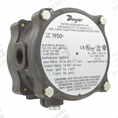 Dwyer Differential Pressure Switch 1.4-5.5 w.c: Adj, Single Operation, 1.4 in wc to 5.5 in wc - Hazardous Location Adjustable Set-Point Air Pressure Switches