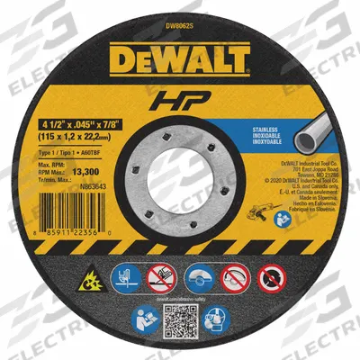 DEWALT Abrasive Cut-Off Wheel: Type 1, 4 1/2" x 0.045" x 7/8", Aluminum Oxide - Contaminant-Free Cut-Off Wheels for Stainless Steel