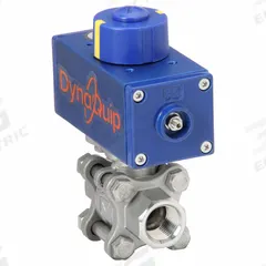 DYNAQUIP CONTROLS Pneumatically Actuated Two-Way Ball Valve: 3/8 in, Stainless Steel, FNPT x FNPT (MPN P3S22AJDA032A). Key specifications — Brand: DYNAQUIP CONTROLS; Pilot Solenoid Voltage: 115V AC.