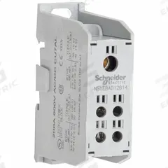 SCHNEIDER Power Distribution Block: Finger-Safe, Lug, Lug, 14 AWG – 3/0 AWG For Line Side Wire Sizes (MPN NSYEBCD12614). Key specifications — Mounting Type: DIN-Rail; Brand: SCHNEIDER; For Conductor Material: Copper.