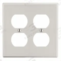 HUBBELL Wall Plate: Duplex Outlet, 2 Gang, Almond, Midsize Size (MPN PJ82LA). Key specifications — Brand: HUBBELL; Material: Polycarbonate.